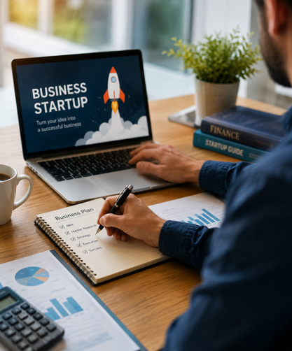 Man working on a laptop displaying a business startup launch presentation while writing notes in a business plan notebook.