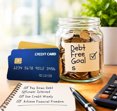 Credit cards placed next to a coin jar labeled 'Debt Free Goal', a notepad with a debt-payoff checklist, a pen, and a calculator on a wooden table.