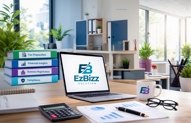 Modern office desk with a laptop displaying the EzBizz Solution logo, labeled binders for tax preparation and compliance, a calculator, and financial charts.