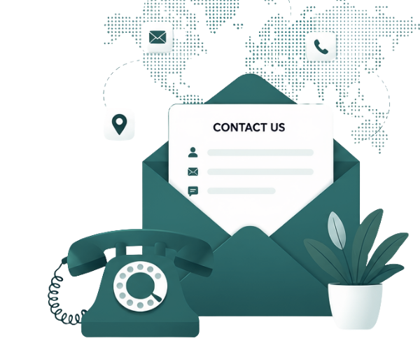 Contact us concept with an open envelope, retro telephone, communication icons, and a world map background.