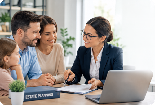 Financial advisor consulting with a smiling family at a desk with an estate planning folder and laptop.