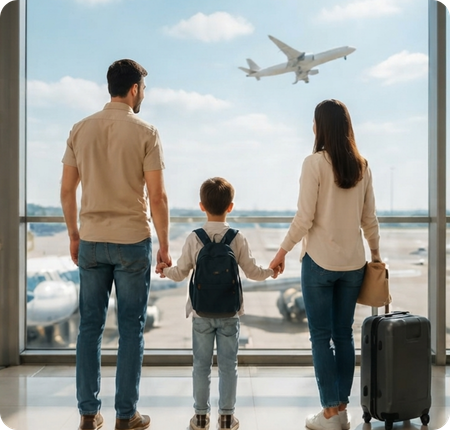 Family with luggage looking out an airport window at a taking off airplane.