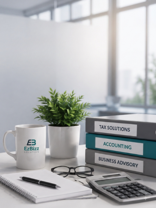 Office desk featuring an EzBizz Solution branded mug, labeled binders for tax solutions and accounting, a calculator, a notebook, and glasses.