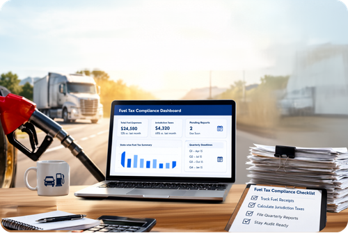 Office desk showing a laptop with a fuel tax compliance dashboard, a fuel tax compliance checklist, a stack of documents, and a fuel pump nozzle with a truck on the highway in the background.
