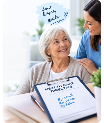 Smiling senior woman looking at a caregiver while a health care directive clipboard rests on the desk.
