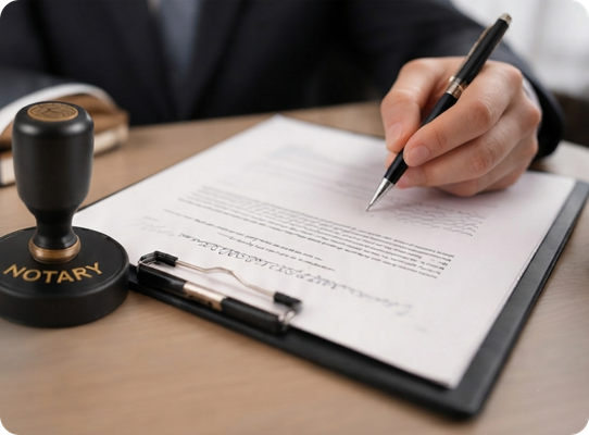 Person signing a document on a clipboard next to a notary stamp on a desk.