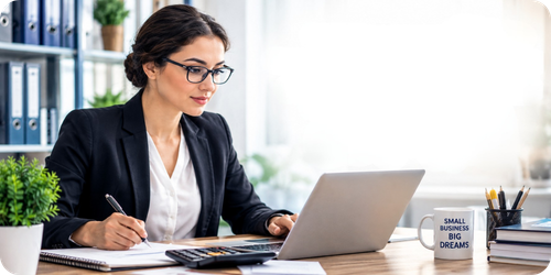 Professional woman wearing glasses working on a laptop and writing notes at an office desk with a calculator and mug.