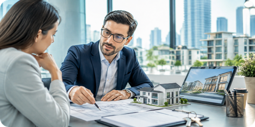 Real estate agent discussing property blueprints with a client next to a model house and a tablet displaying a home.
