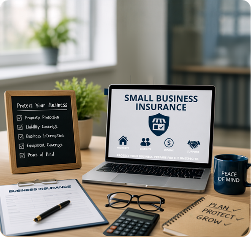 Office desk featuring a laptop displaying small business insurance, a sign listing protection coverage, insurance documents, glasses, calculator, and a coffee mug.