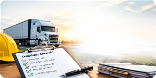 Clipboard with a trucking compliance checklist, safety hat, and pen on a desk with a semi-truck on the highway in the background.