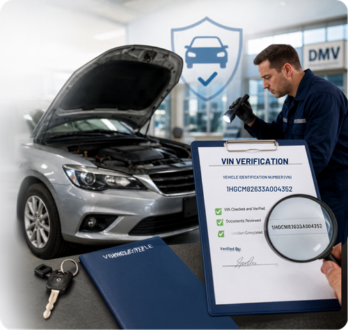 Mechanic inspecting a car with its hood open next to a VIN verification clipboard, a magnifying glass, car keys, and a title document.