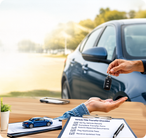 Person handing over car keys during a vehicle title transfer process with a checklist clipboard on a desk in front of a blue car.