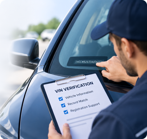 Inspector checking a vehicle identification number on a car windshield while holding a VIN verification clipboard.