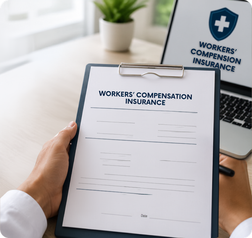 Person holding a workers compensation insurance form on a clipboard with a laptop displaying a matching insurance logo in the background.