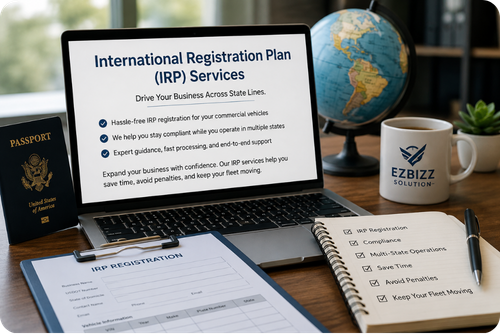 Laptop showing IRP services with a registration form, passport, and globe on a desk.
