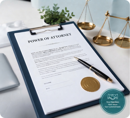 Power of Attorney document on a clipboard with a pen, seal, and legal scales on a desk.