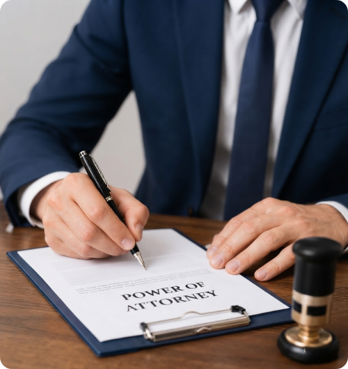 Lawyer in a suit signing a Power of Attorney document on a desk.