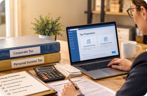 Person using a laptop for tax preparation next to binders, tax documents, a calculator, and a coffee mug on a desk.