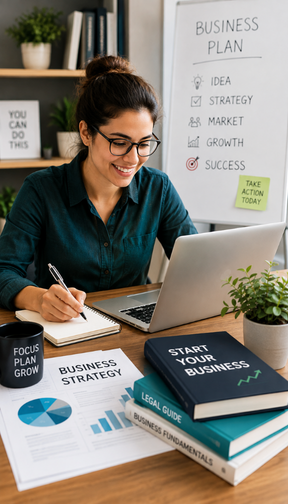 Smiling woman writing in a notebook while working on a laptop at a desk with business books and strategy charts.